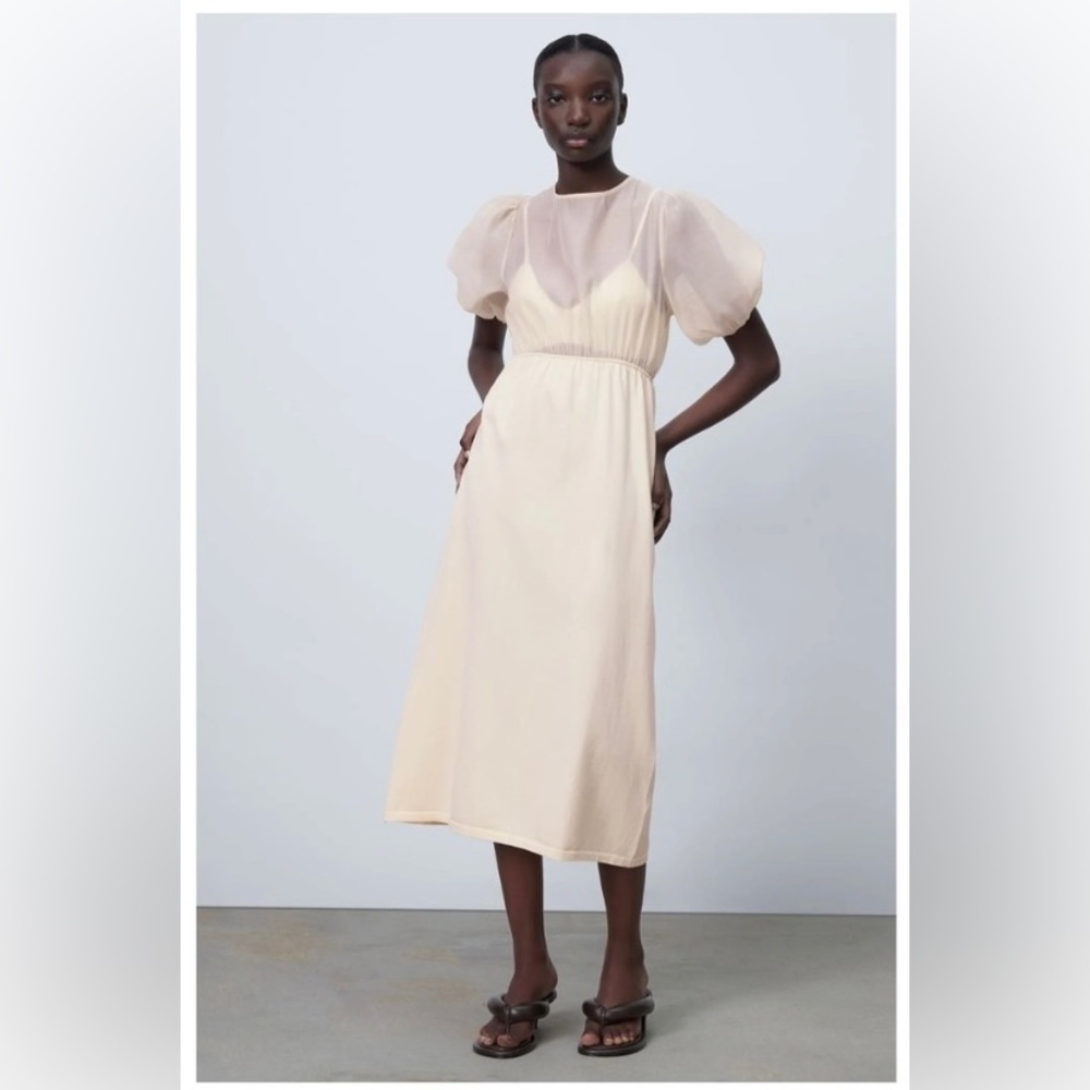 Zara Contrasting Knit & Organza Midi Dress in Ivory S